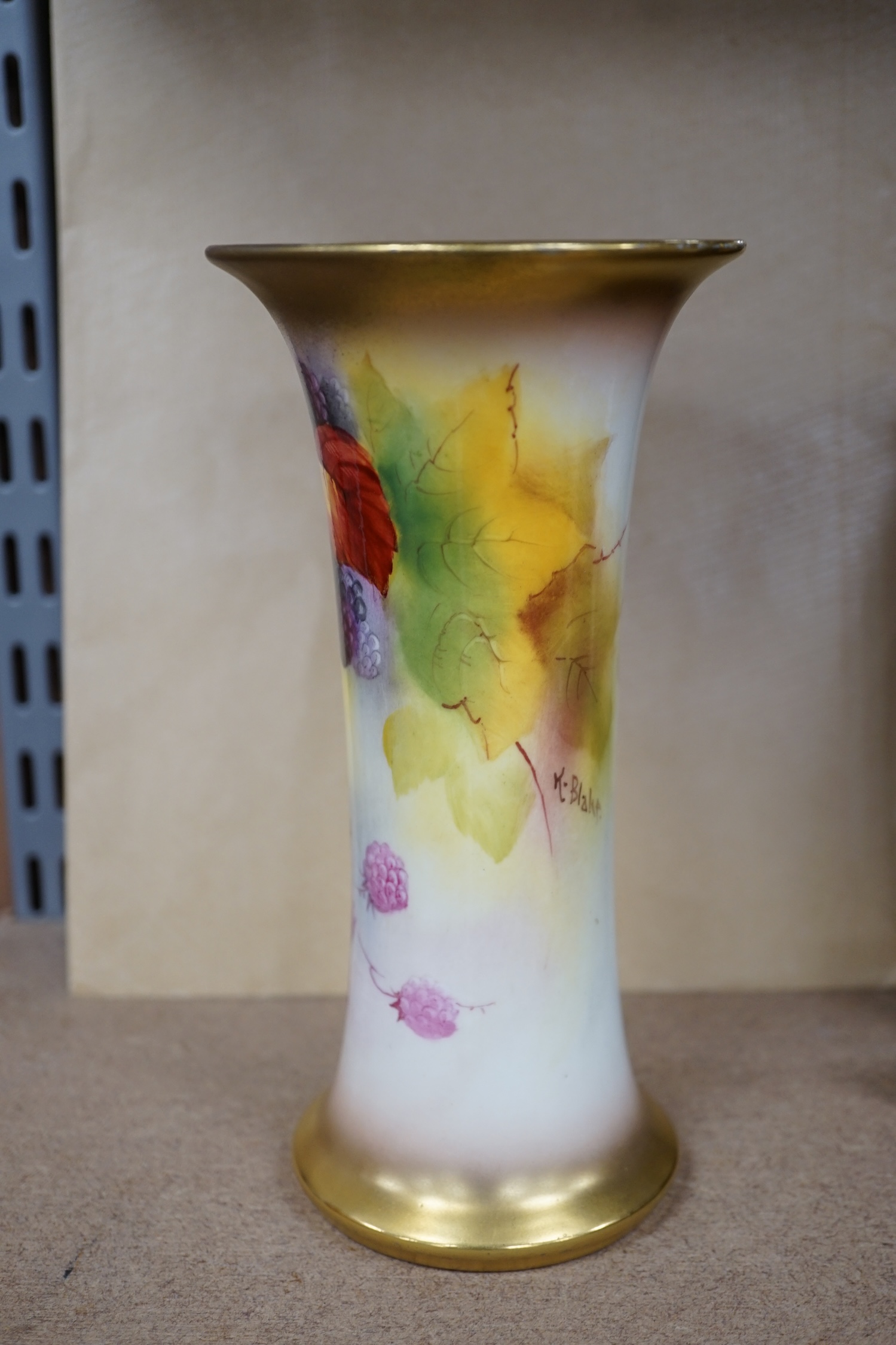 A Royal Worcester fruit painted vase by Kitty Blake, model number 923, 19cm. Condition - good